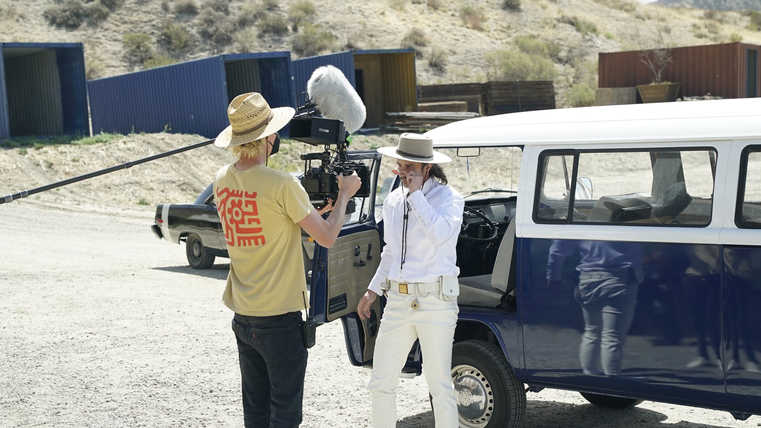 Wide of set with lead talent, DP, and boom