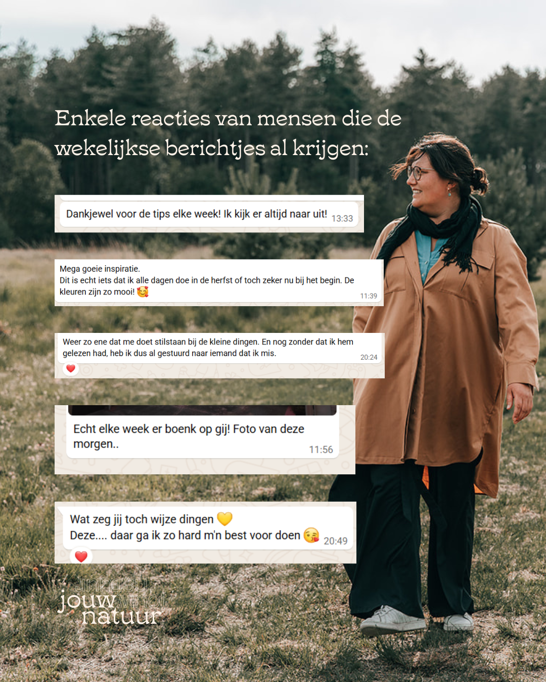 Leen Forment wandelt door een bosrijke omgeving in de herfst, met hele positieve reacties op wekelijkse whatsapp berichtjes (gratis) en inspiratie over de natuur op de afbeelding.