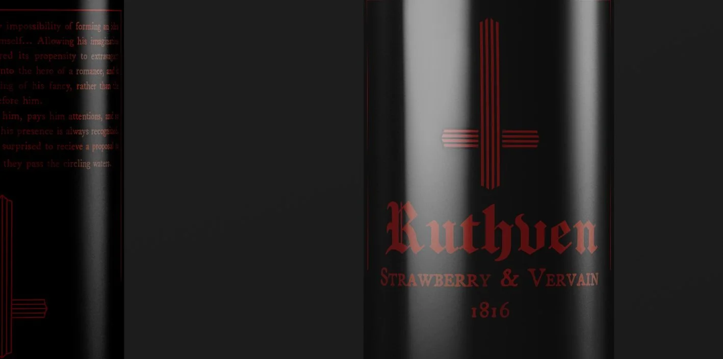 bottle of red wine with a gothic design called "ruthven". the flavor of the wine is "strawberry & vervain" and the year is 1816