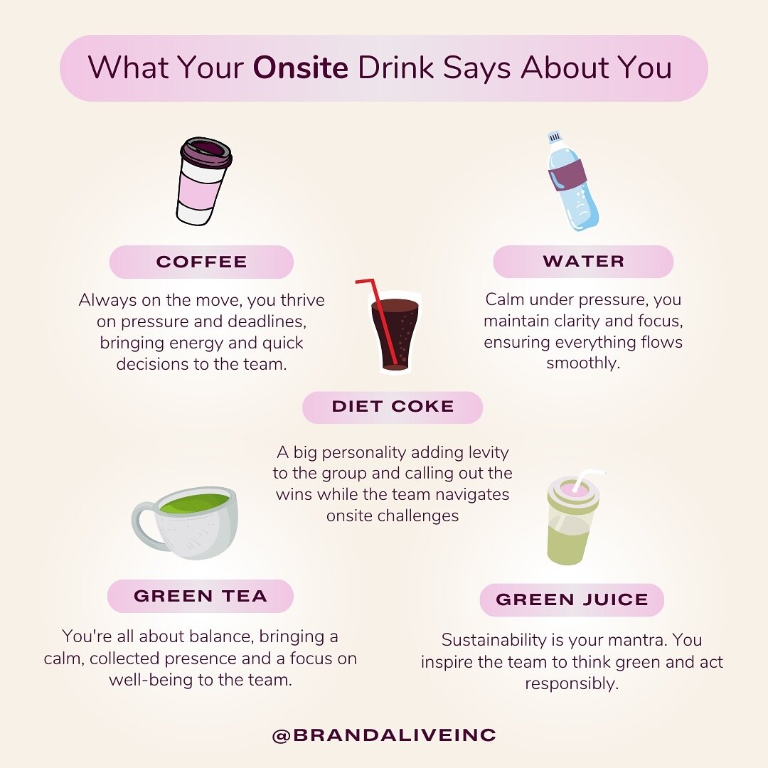 🍹 What&rsquo;s in Your Cup? 😏☕️⁠
⁠
Your choice of drink can reveal more about your personality than you might think! Whether you&rsquo;re team coffee, tea, or otherwise, your onsite drink says a lot about you and your work style. ☕️👩&zwj;💼⁠
⁠
We 
