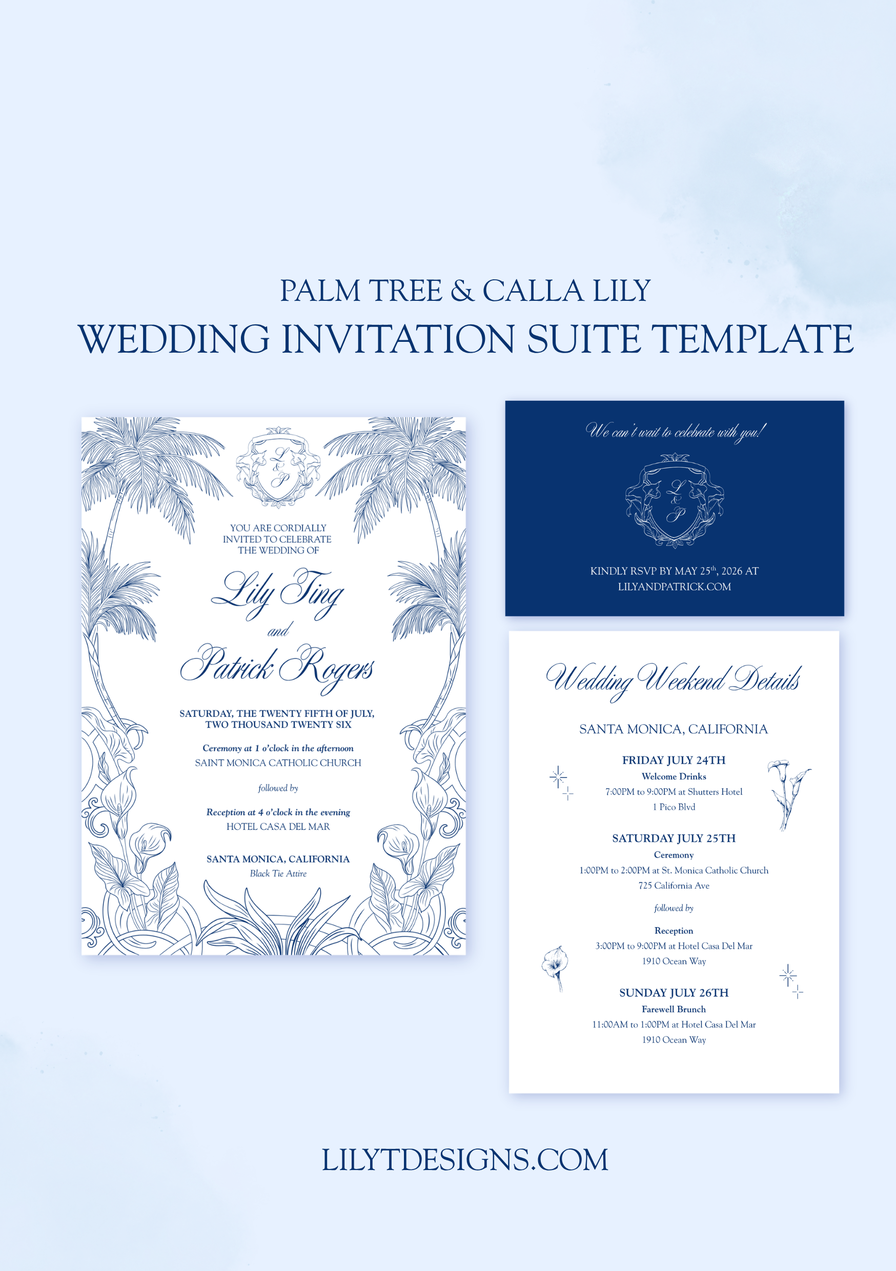 Wedding Invitation Suite Template | Palm Tree and Calla Lily Tropical Coastal Elegant California Stationary | Editable Canva Templates (3-piece set)