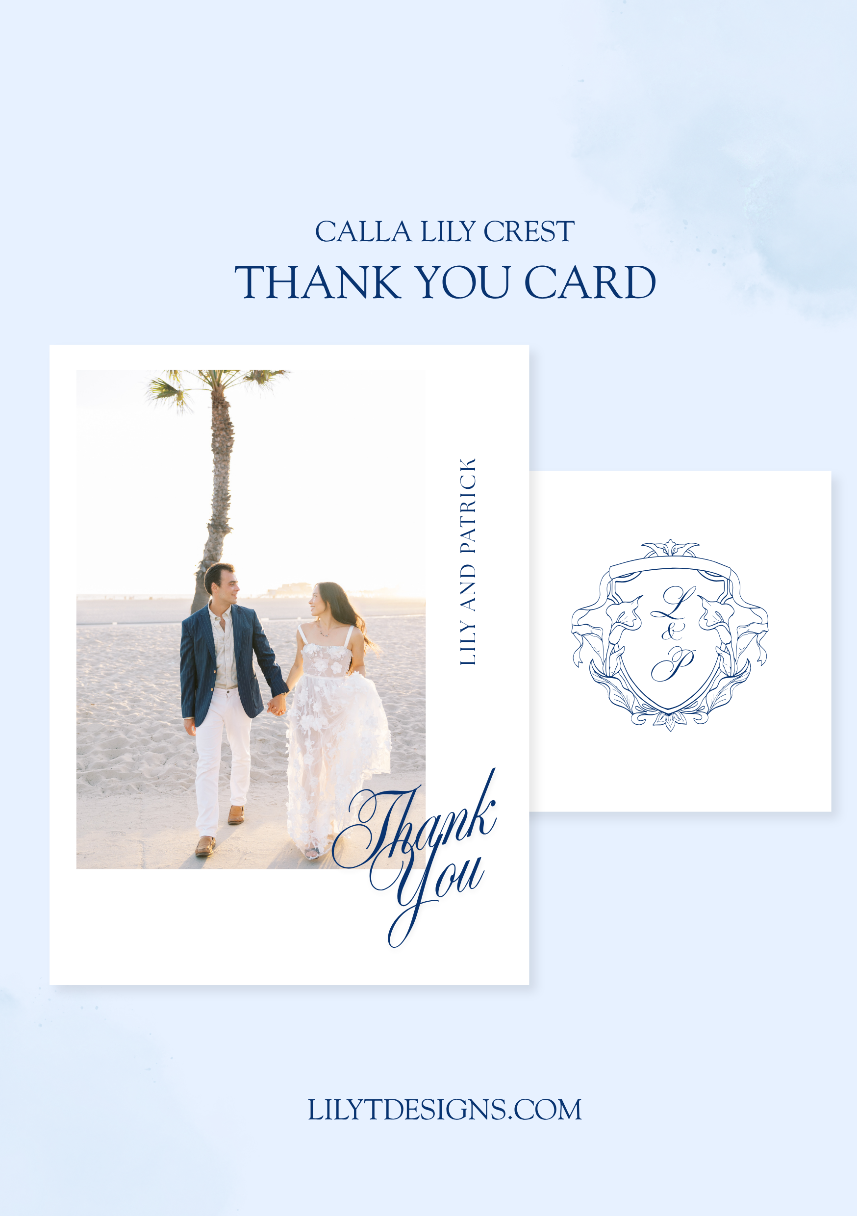 Thank You Card Template - Calla Lily Crest - Hand Drawn - A7 Size, 5x7in Folded Card Design
