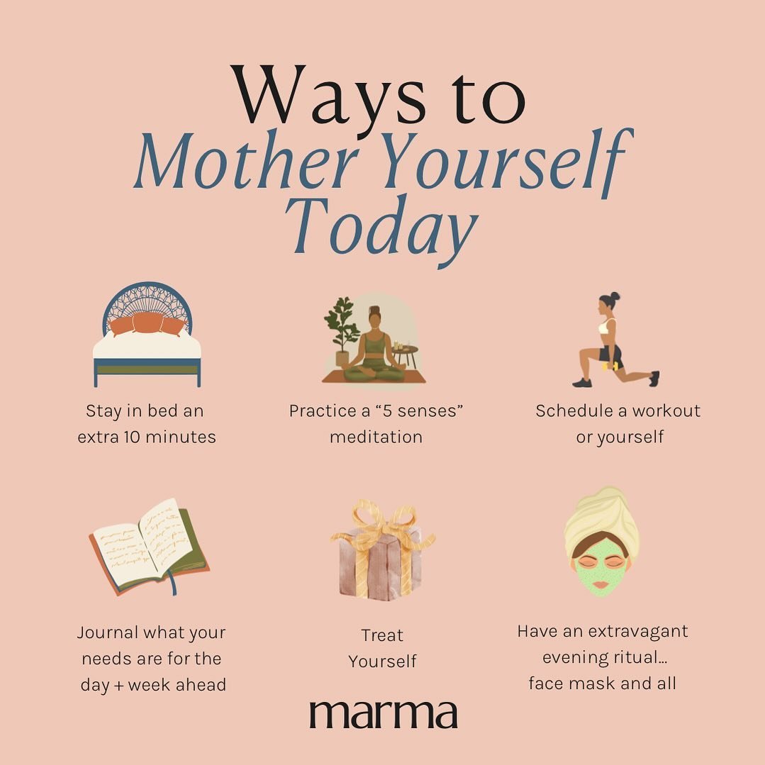 Ways to mother yourself today 🌬️

🛌 Stay in bed an extra 10 minutes
🧘🏽 Do a 5 senses meditation
🏃🏻&zwj;♀️ Schedule a workout for you
🎁 Treat yourself
📖 Journal what your needs are for the day and week ahead
💆&zwj;♀️ Have an extravagant eveni