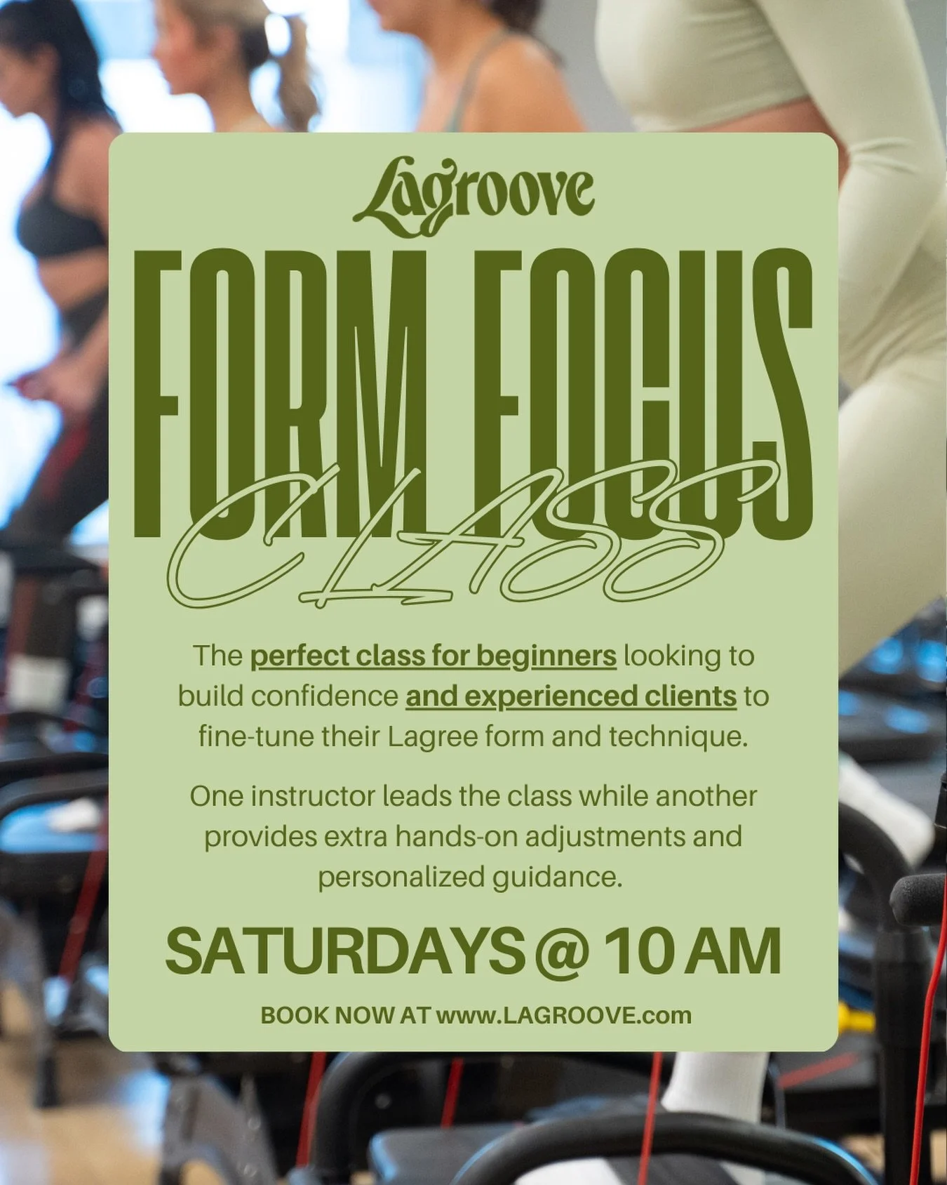 New to Lagree? Or want to dial in the details?

Our Form Focus class is all about building confidence, refining technique, and moving with intention.
✨ Two instructors
✨ Extra hands-on guidance
✨ Perfect for beginners and seasoned clients

Saturdays 