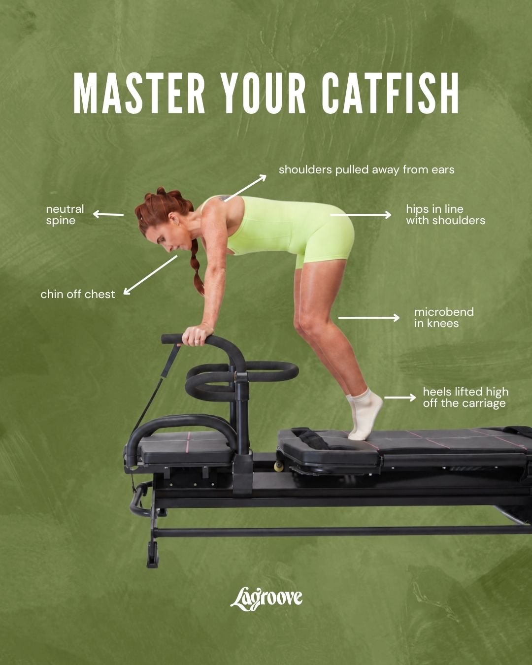 Mastering Moves on the Mega: The Catfish 

The Catfish is all about using your abdominal muscles to draw the carriage in by bending through the knees and hips without tilting or rounding through the spine.

Focus on keeping the movement small, slow a