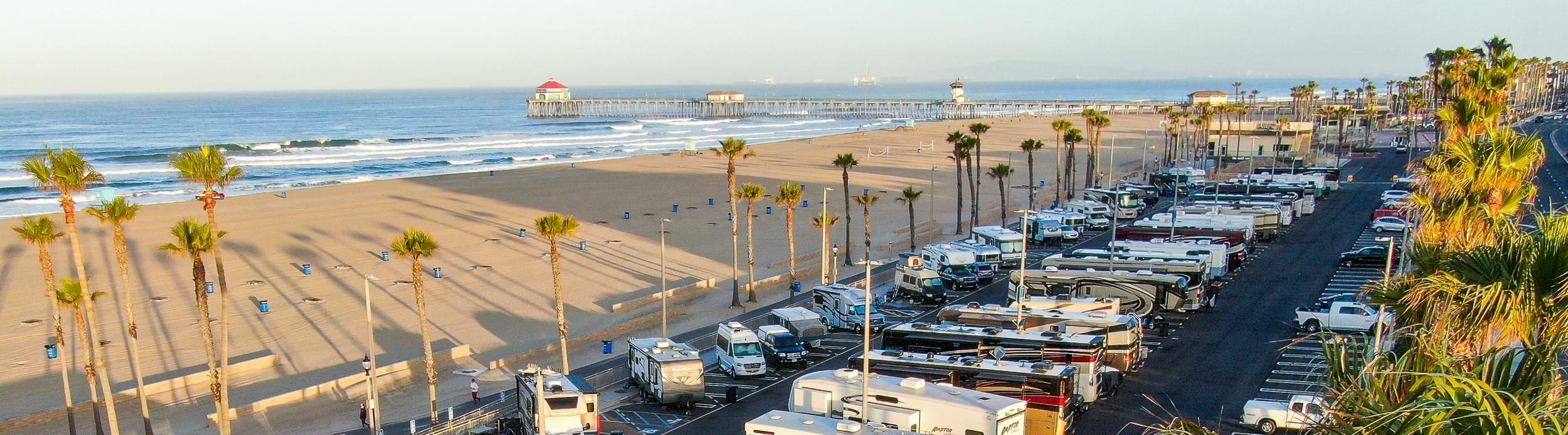 Ariel view of Huntington Beach RV Campground with beach, pier and ocean in the background.