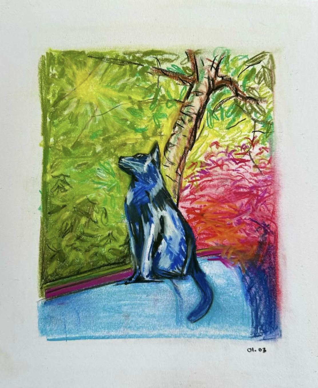 Colorful drawing of a black and white cat sitting on a windowsill, looking outside at a tree with green, yellow, and pink foliage.