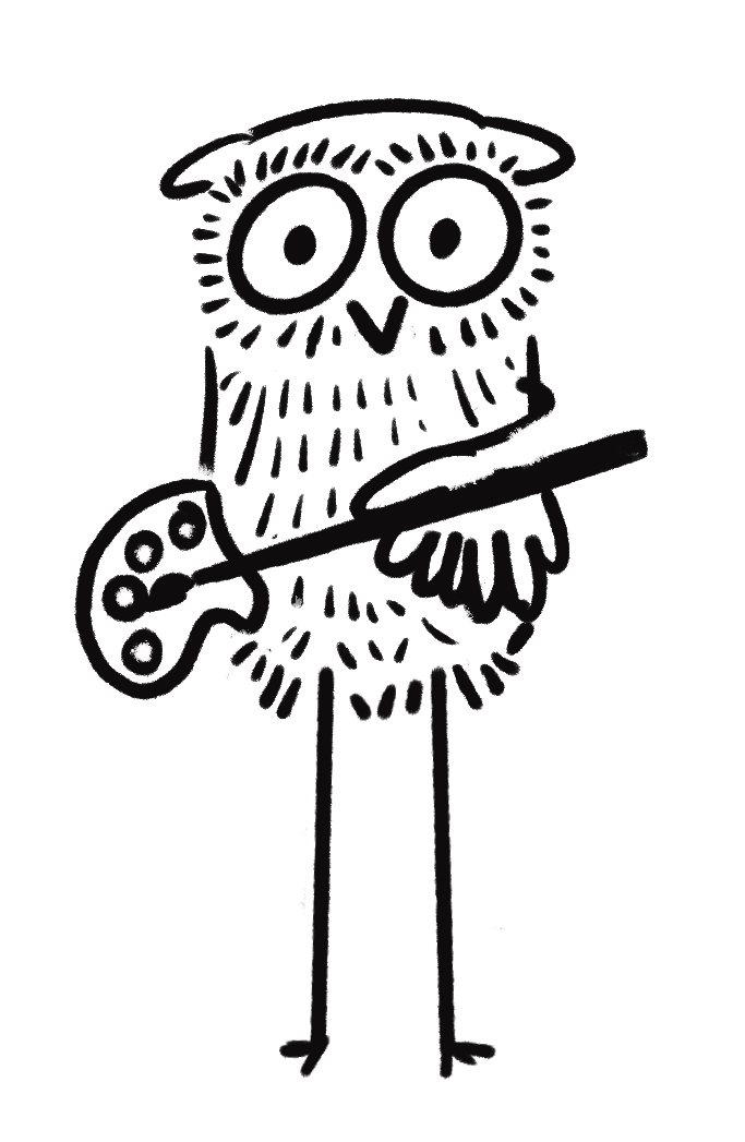 A black-and-white drawing of an owl standing on two legs, holding a paint palette in one wing and a paintbrush in the other.