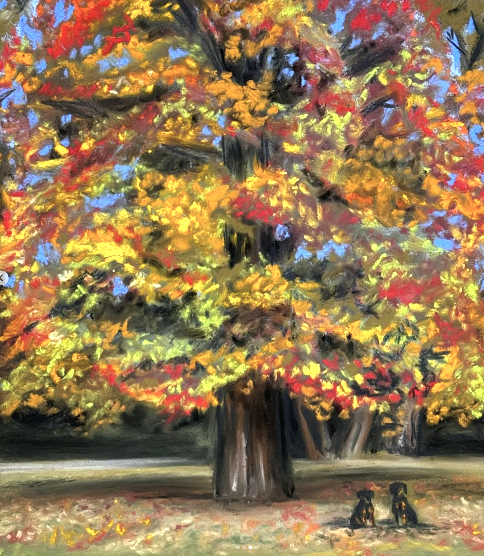 A vibrant painting of a large autumn tree with yellow, red, and orange leaves, and two black dogs sitting beneath it.