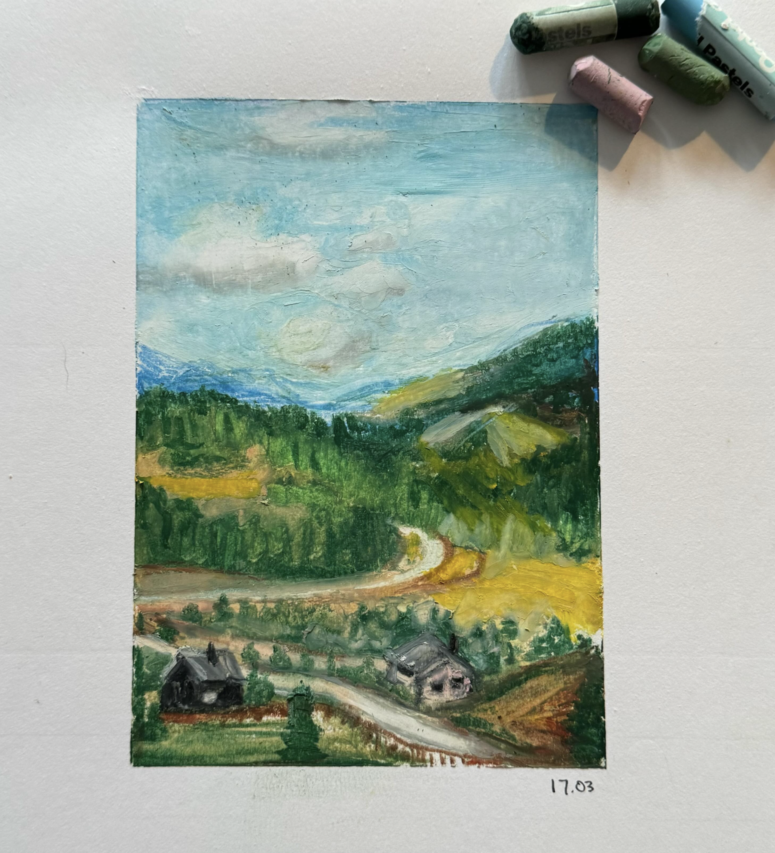 A landscape painting of a rural valley with green hills, small houses, a winding road, and a cloudy sky.