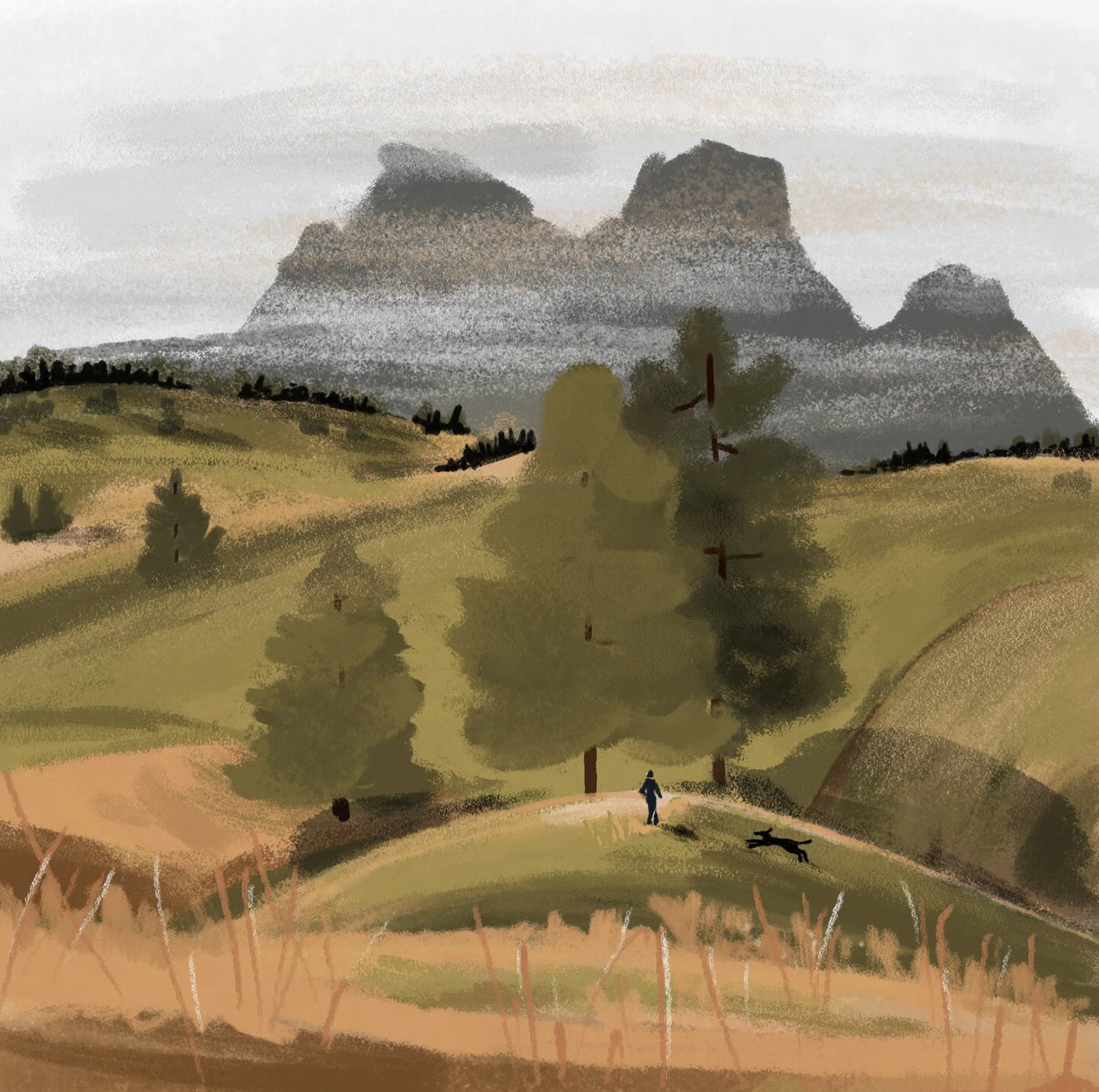 A landscape of rolling hills with a person walking a dog on a trail, trees scattered across the scene, and mountains in the background under a cloudy sky.