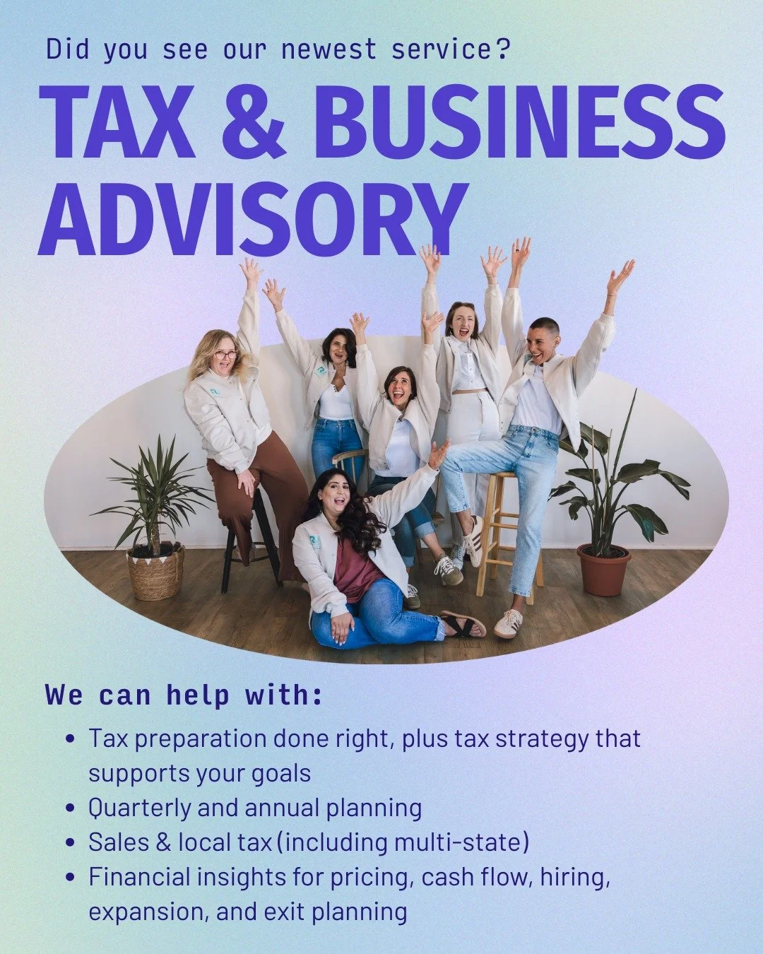 Did you see our newest service? We now offer tax advice and business strategy! 

Taxes and financial strategy can feel overwhelming, but they don&rsquo;t have to be. Our tax &amp; business advisory services are here to support you at every stage, whe