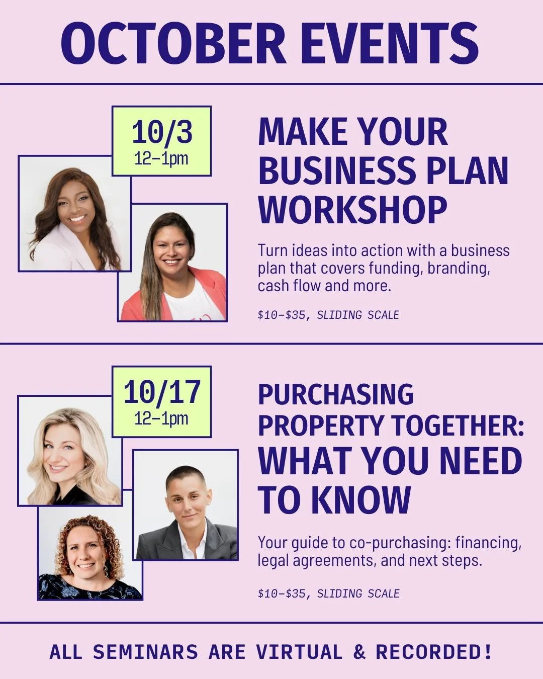 ✨ October is all about planning for the future, whether that means mapping your next steps in business or dreaming bigger about where you live.

We have two powerful workshops designed to give you tools you can put into action:

📅 Make Your Business