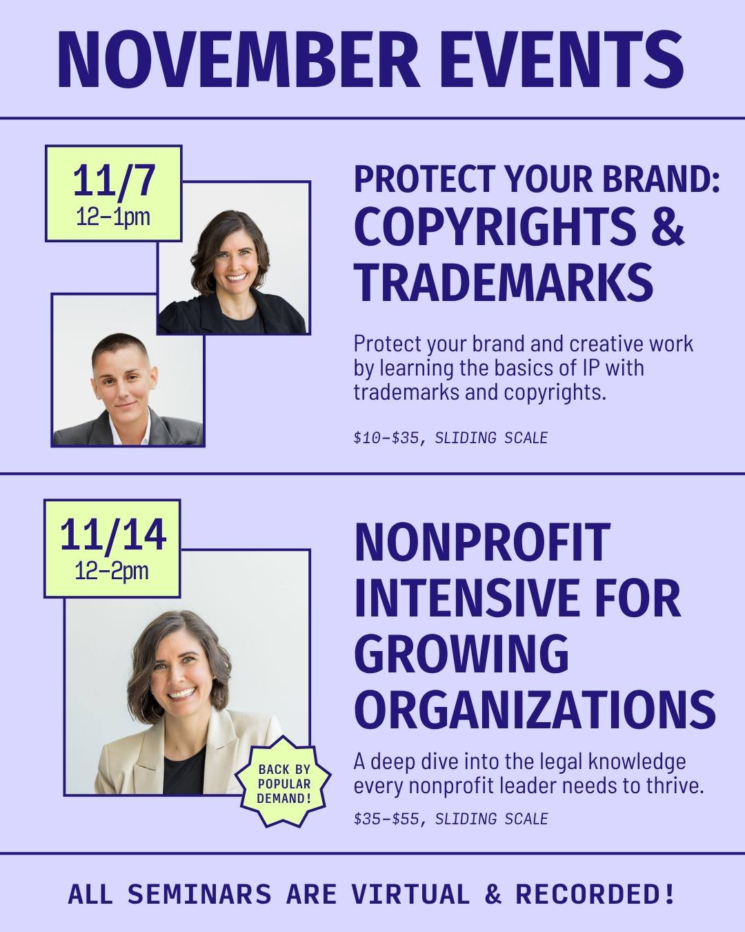 ✨ Our last two seminars of the year are here!

📅 Nov 7: Protect Your Brand: Copyrights &amp; Trademarks
Learn the essentials of intellectual property and how to keep your creative work safe.

📅 Nov 14: Nonprofit Intensive for Growing Organizations

