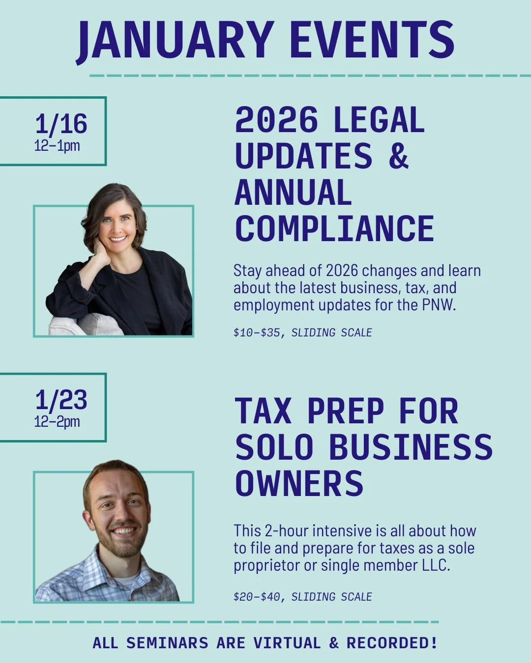 New year, new rules, new chances to get organized. Our January Glow Up Your Biz seminars cover the latest 2026 legal updates plus a session on tax preparation and filing for solo business owners. Start the year informed and ready to go!

Link to even
