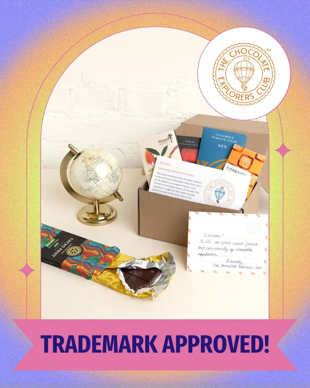 @chocoexplorersclub trademark was approved! 🎉 

This curated craft chocolate subscription guides members through the world of fine cacao, focusing on ethical sourcing and education, sharing the unique stories behind each bar. They&rsquo;ve already c