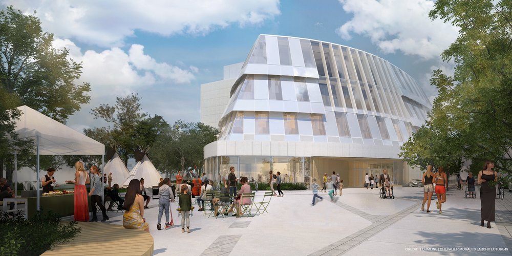 Rendering of Saskatoon Public Library. It is a curving white building with lots of windows.