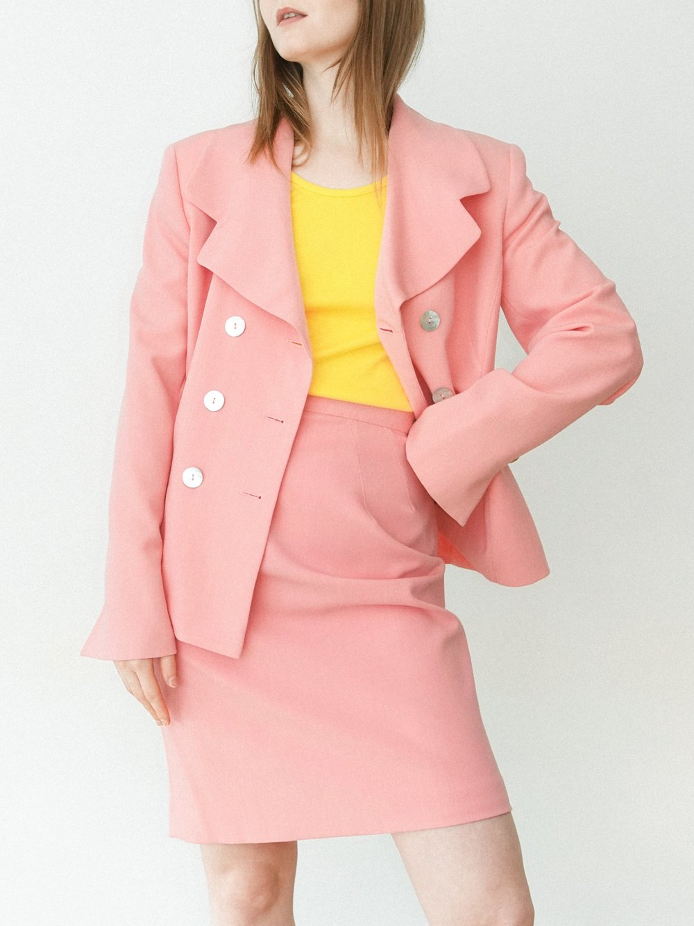 Pink Wool Skirt Suit Set with Capiz Shell Buttons — BASIS STUDIO
