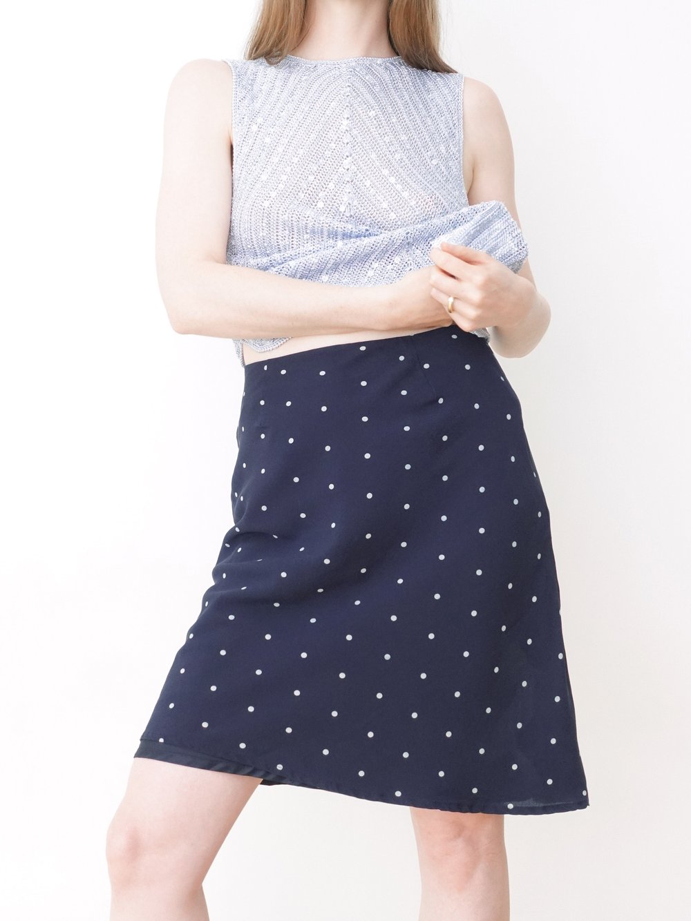 Silk Navy and White Polka Dot Skirt — BASIS STUDIO