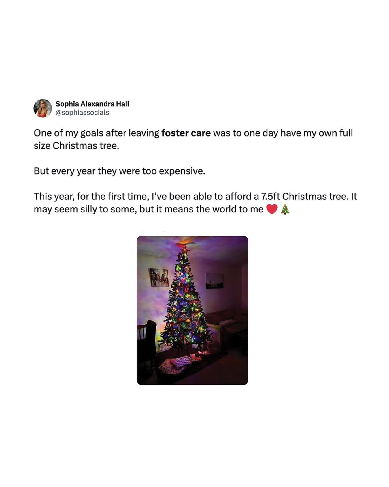 &ldquo;One of my goals after leaving foster care was to one day have my own full-size Christmas tree.

But every year, they were too expensive.

This year, for the first time, I&rsquo;ve been able to afford a 7.5ft Christmas tree. It may seem silly t