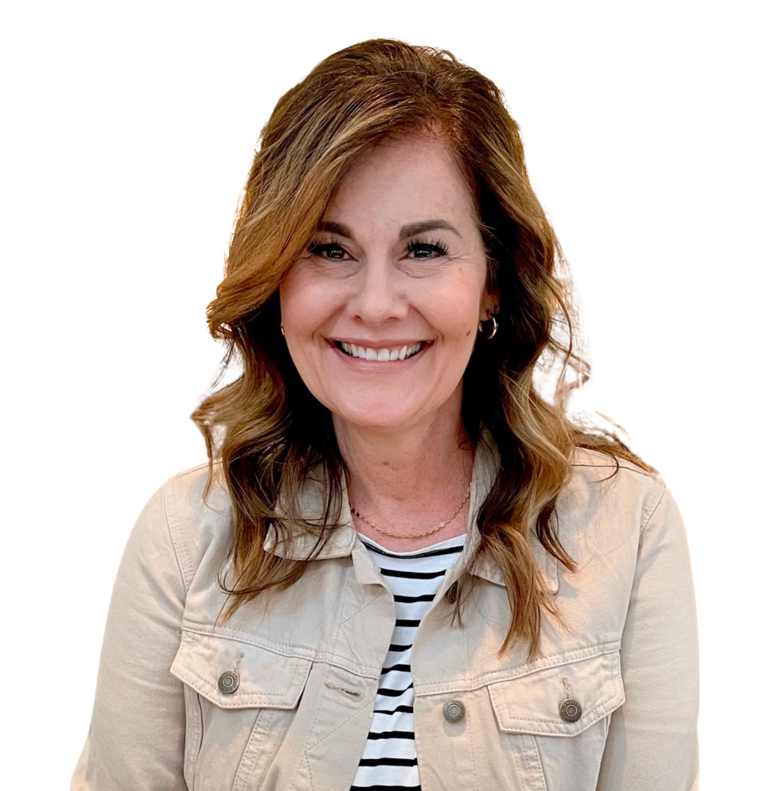 A woman with shoulder-length wavy brown hair smiling, wearing a beige jacket over a black and white striped shirt, against a white background.