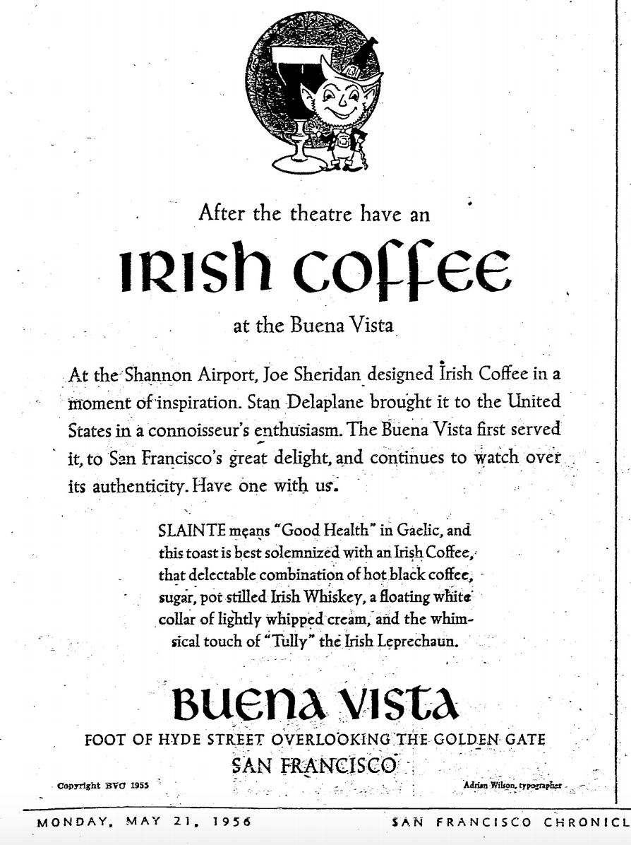 An ad in the San Francisco Chronicle in 1956 for the Buena Vista Irish Coffee - San Francisco Chronicle Photo.png