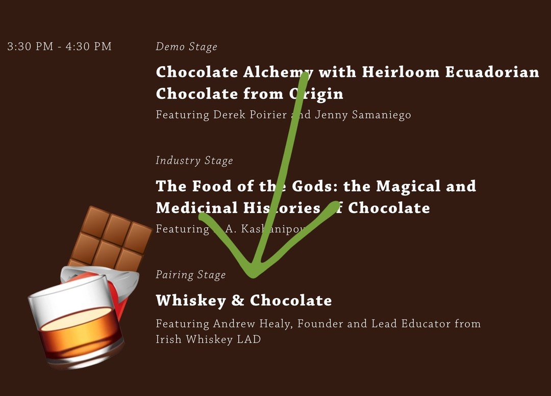 🥃🍫 Mark your calendars and get your tickets! I'm excited to be leading a fun Whiskey &amp; Chocolate Pairing this Saturday April 27 on the Pairing Stage at the @CraftChocolateExperience (CCE) at @PalaceOfFineArtsTheater in San Francisco.

From 3:30