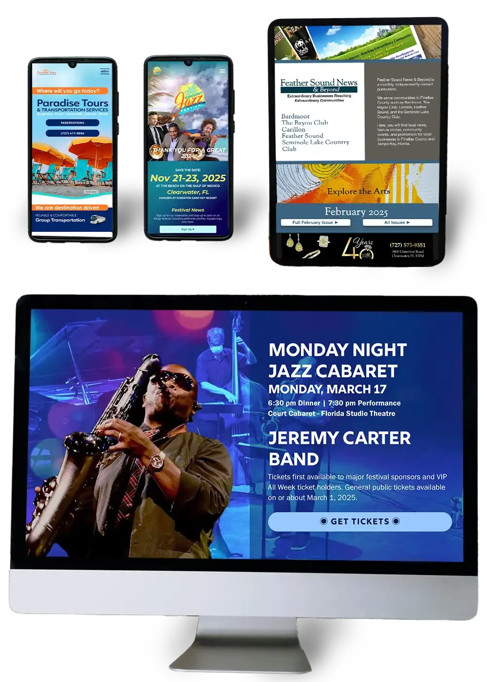 Website designs for desktop, tablet, and mobile phones