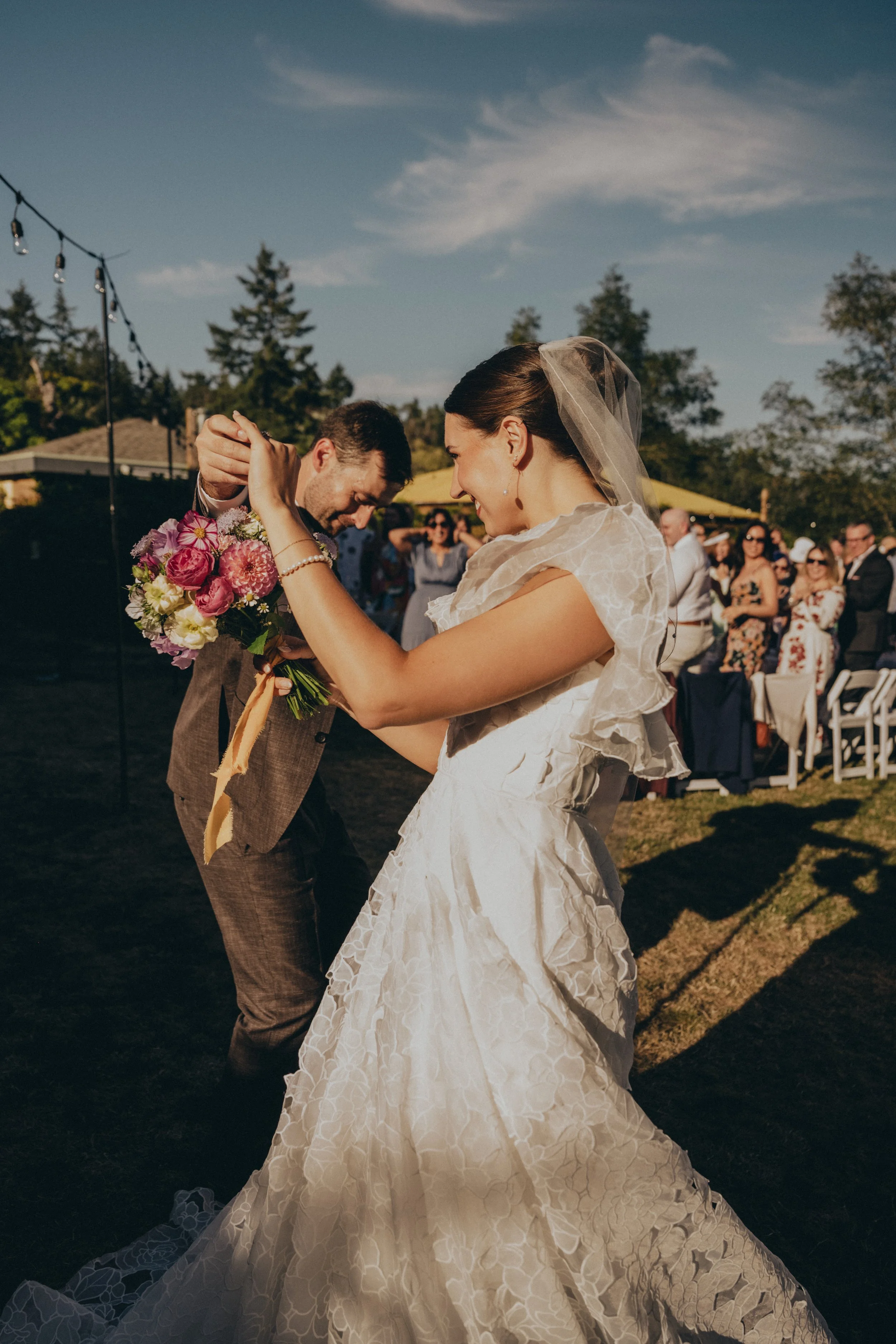 Bride and groom dancing into dinner, Galiano Inn on Galiano Island