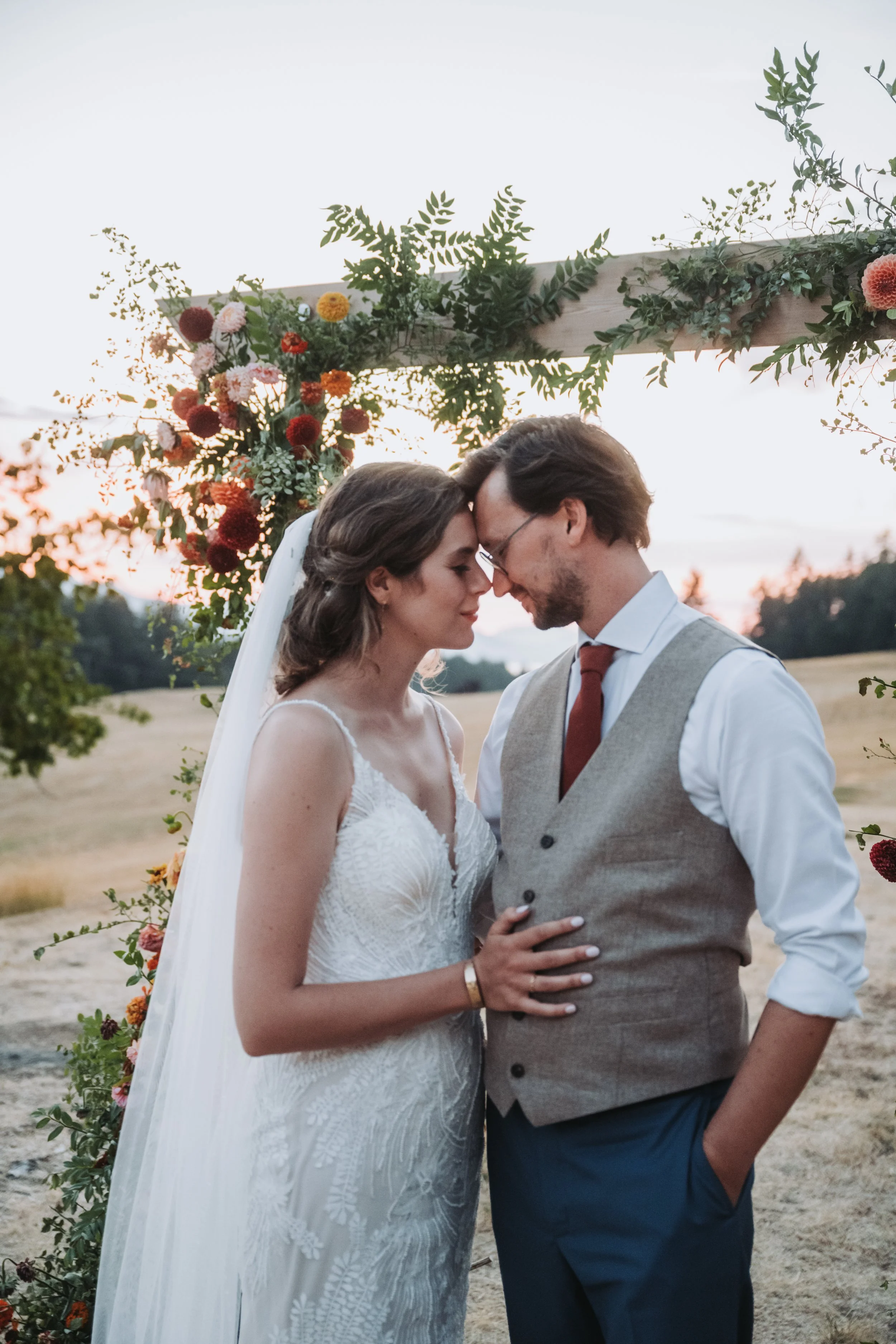 Bride and groom at sunset on Salt Spring Island 