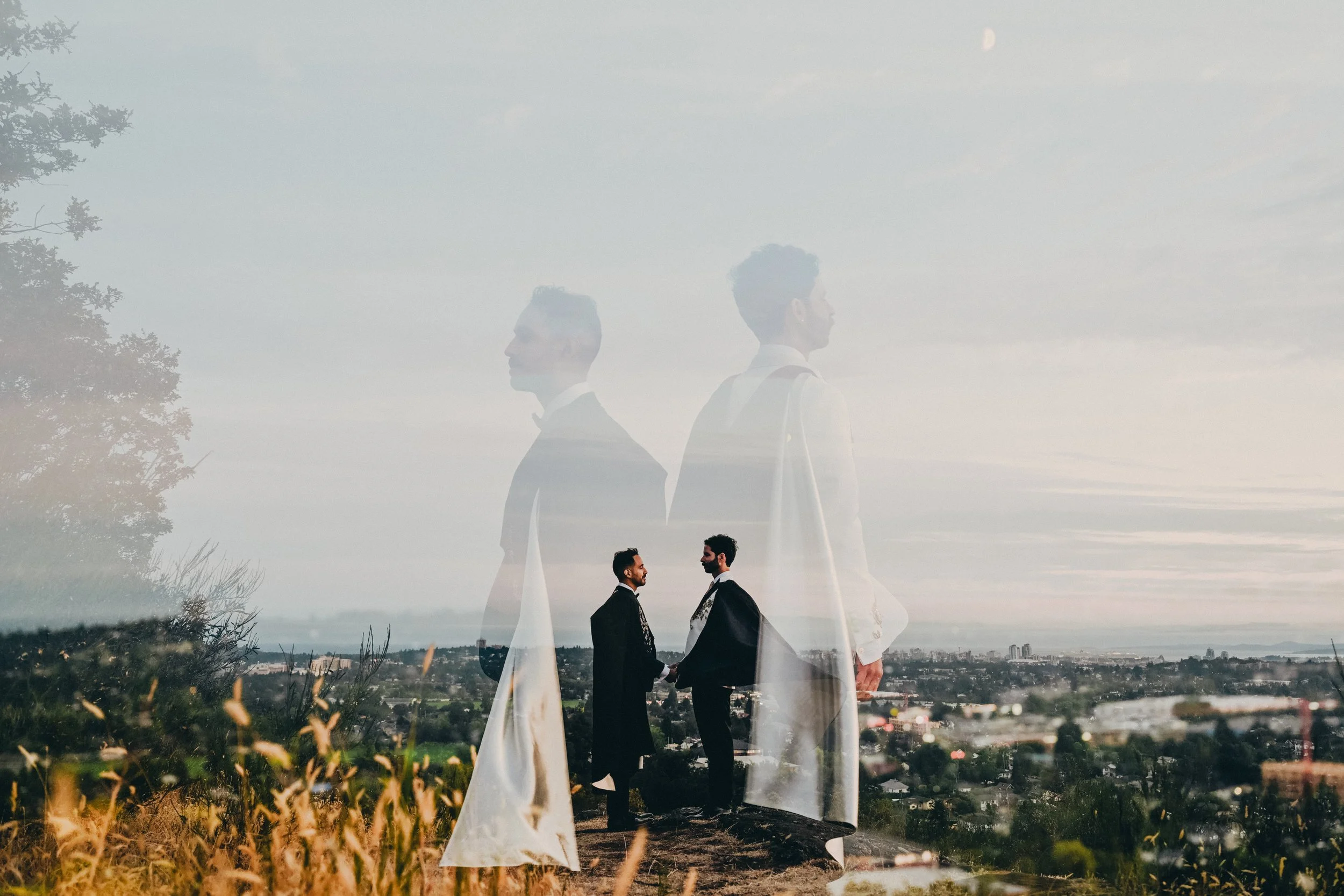 two grooms in capes, on Mount Tolmie, in Victoria 