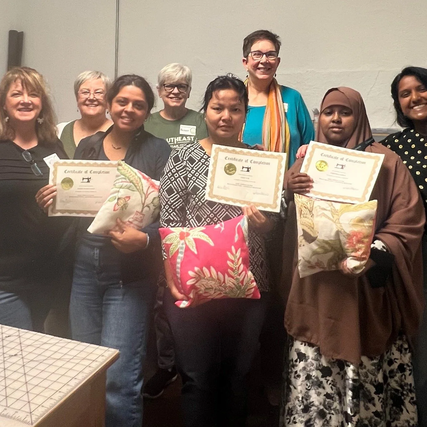 Last week we wrapped up our 5 week free sewing class  where the women learned how to make various items such as a tote bags and pillow cases!

We  are so grateful to our wonderful volunteers who teach and pour into these women.

We love getting to se