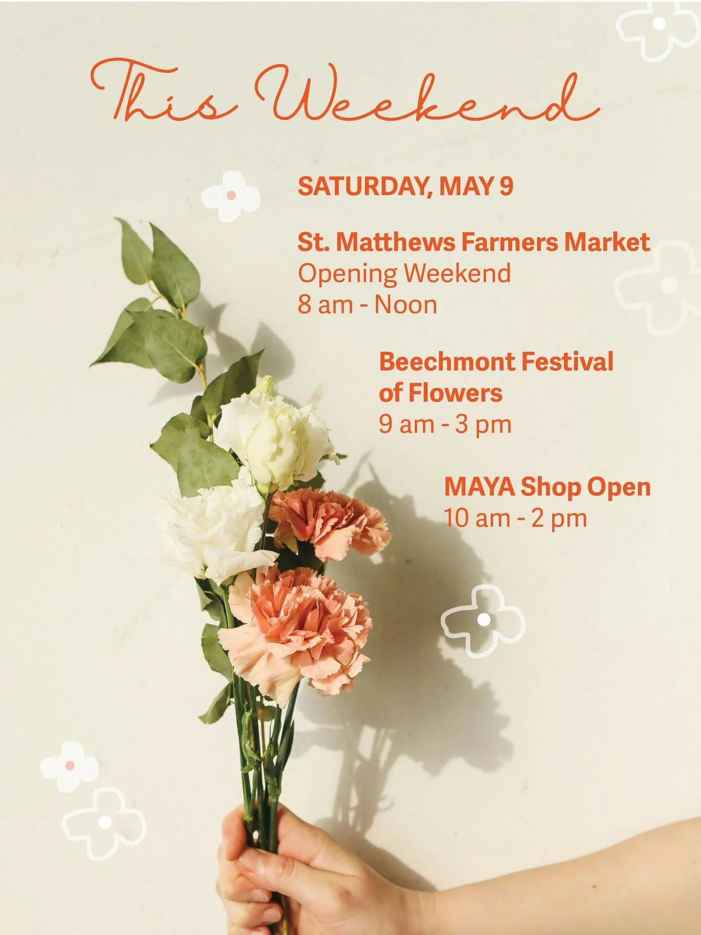 Where we&rsquo;ll be this Mother&rsquo;s Day 🌸 Weekend: 

@smfarmersmarket
Saturday | 8 am - Noon
🌼 
Beechmont Festival of Flowers 
Saturday | 9 am - 3 pm
🌷 
Maya Shop 
10 am - 2 pm

Come out and grab all your Mother&rsquo;s Day gifts and say hell