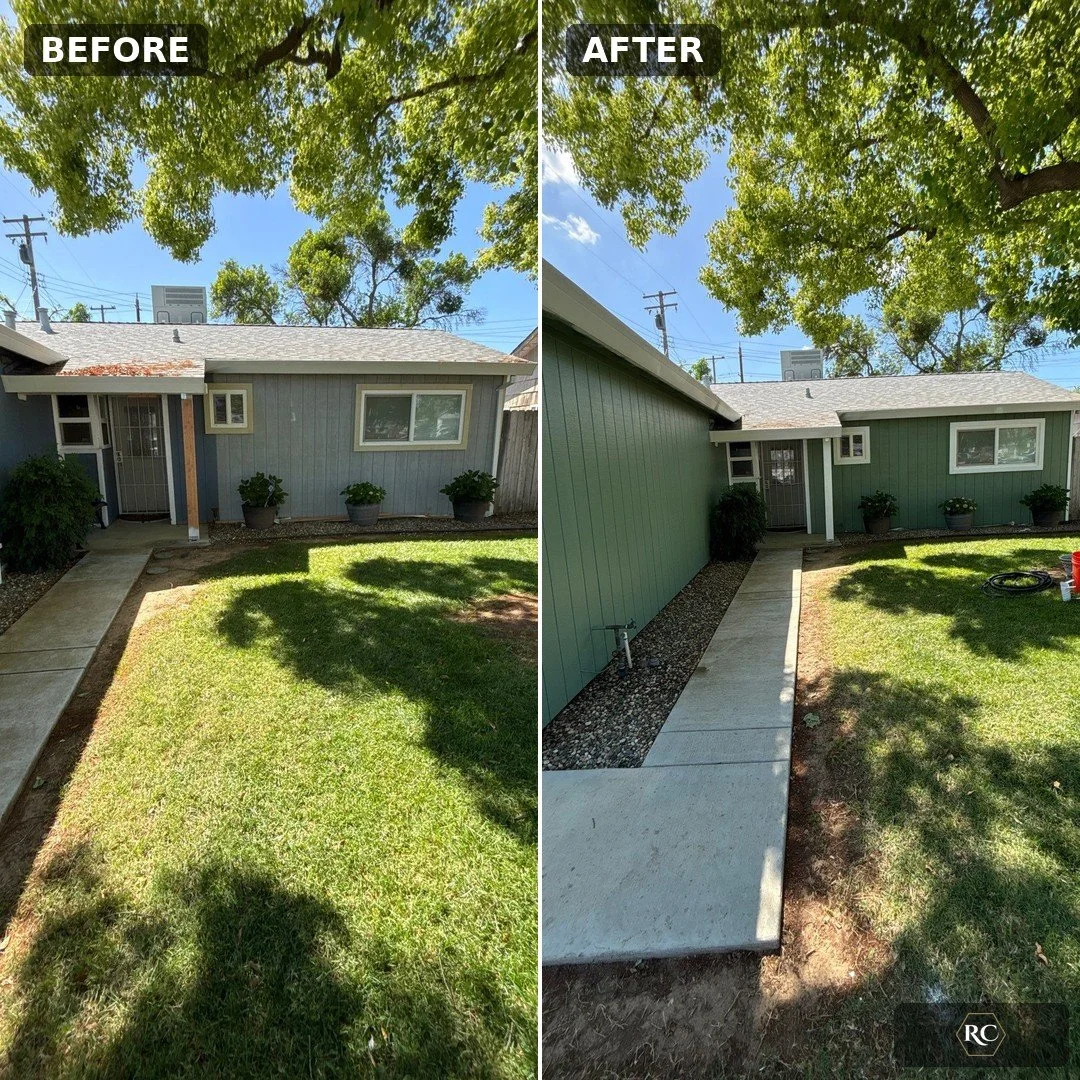 Before and after dry rot repair and new green siding on a home in Rio Linda, CA