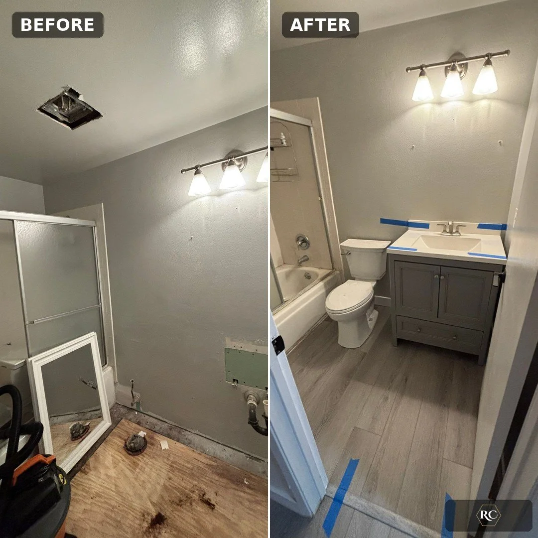 Before and after bathroom remodel and subfloor repair in Rocklin, CA