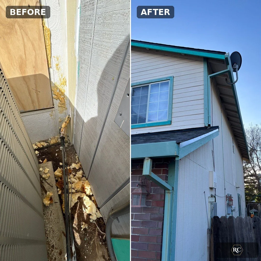 Before and after siding and dry rot repair behind an AC unit in Antelope, CA