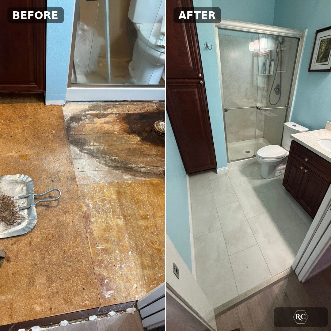 Before and after bathroom subfloor rot repair and new tile in Sacramento, CA