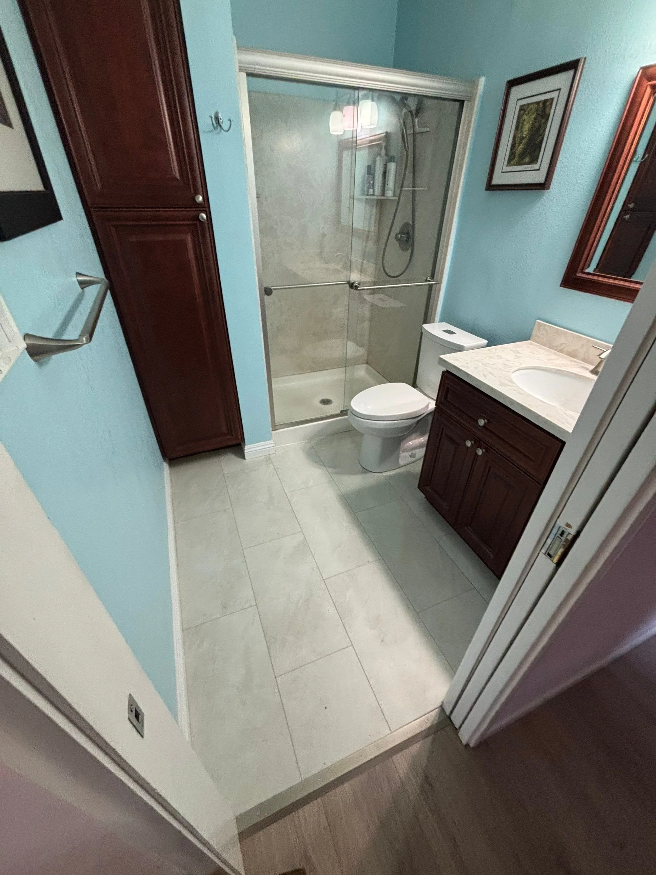 Finished bathroom with new tile floor after subfloor repair in Sacramento
