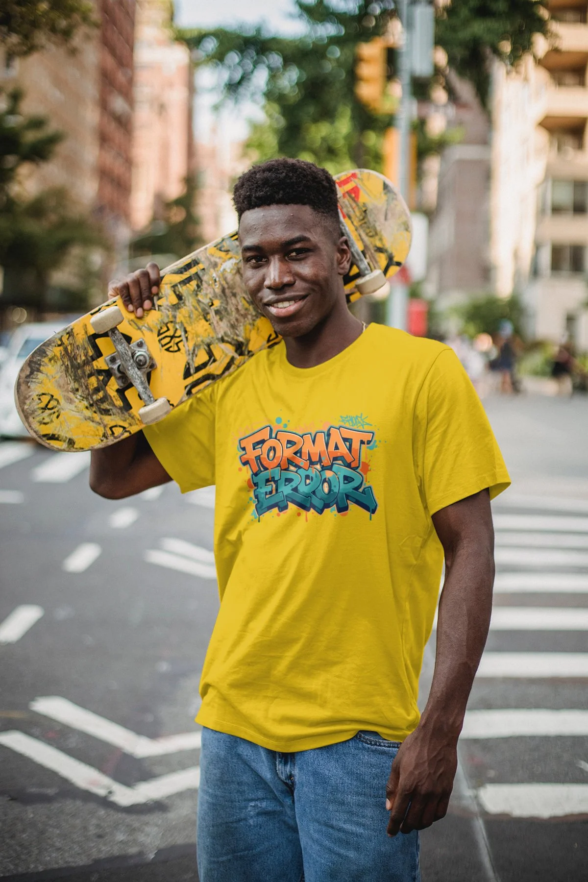 Urban fashion photography featuring a man in a TEP Streetwear cotton graphic tee with a skateboard, showcasing city-inspired streetwear style.