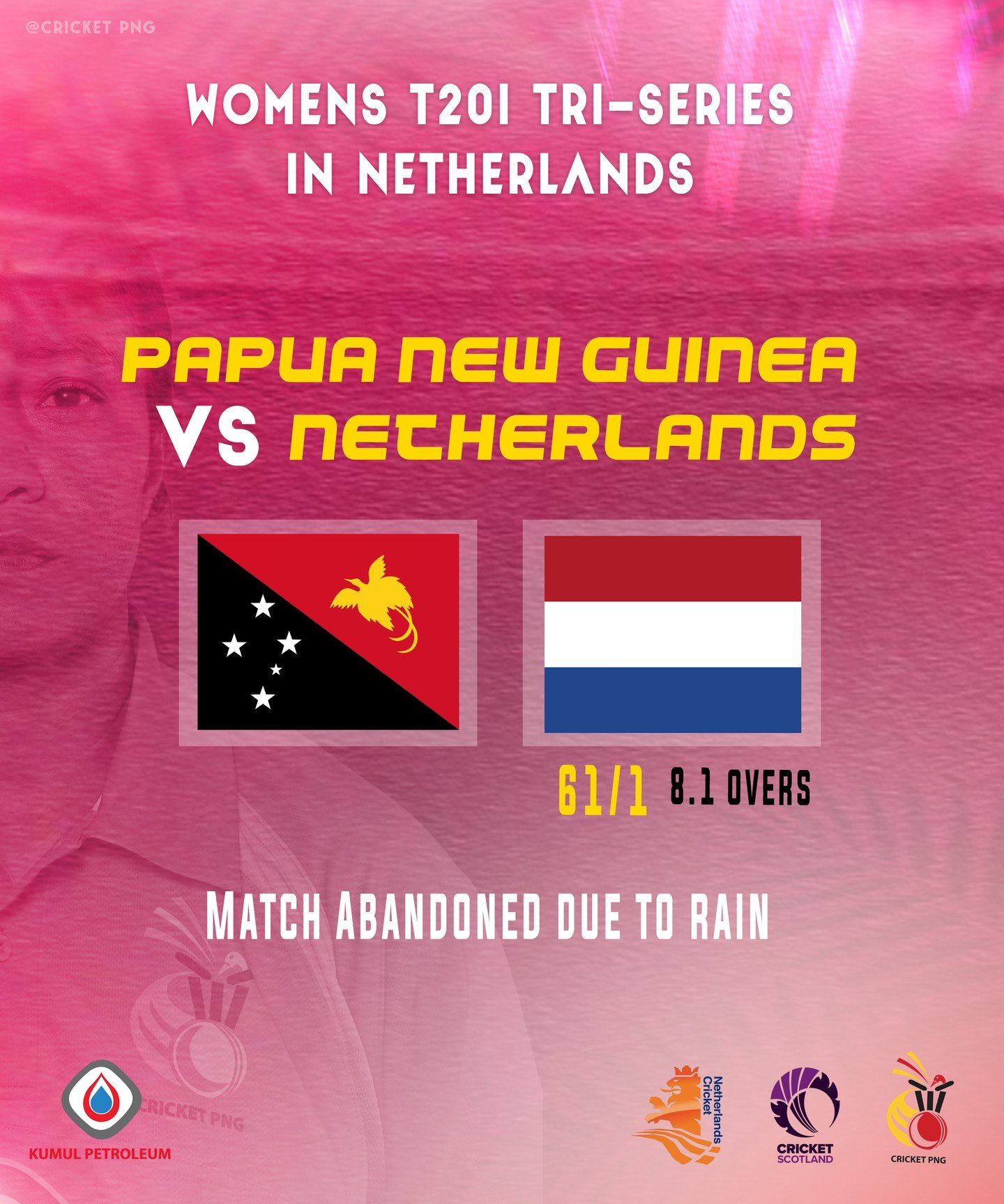 🏏Match between PNG and Netherland Women was abandoned due to rain

MATCH ABANDONED