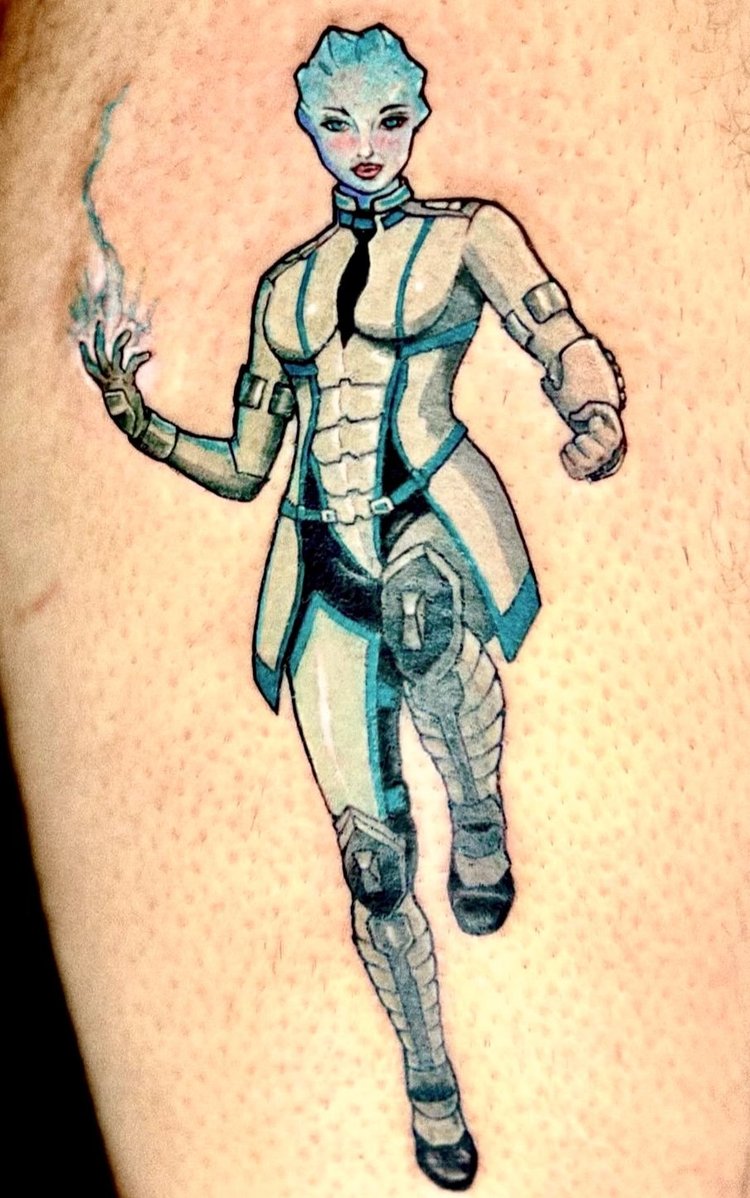 Illustration by Alex of a female character in futuristic armor with blue hair holding a flame