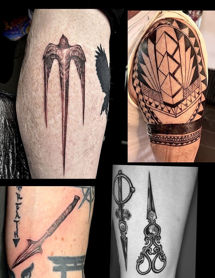 Fine line tattoos by Sergio including a winged creature, geometric arm piece, ornate sword and scissors