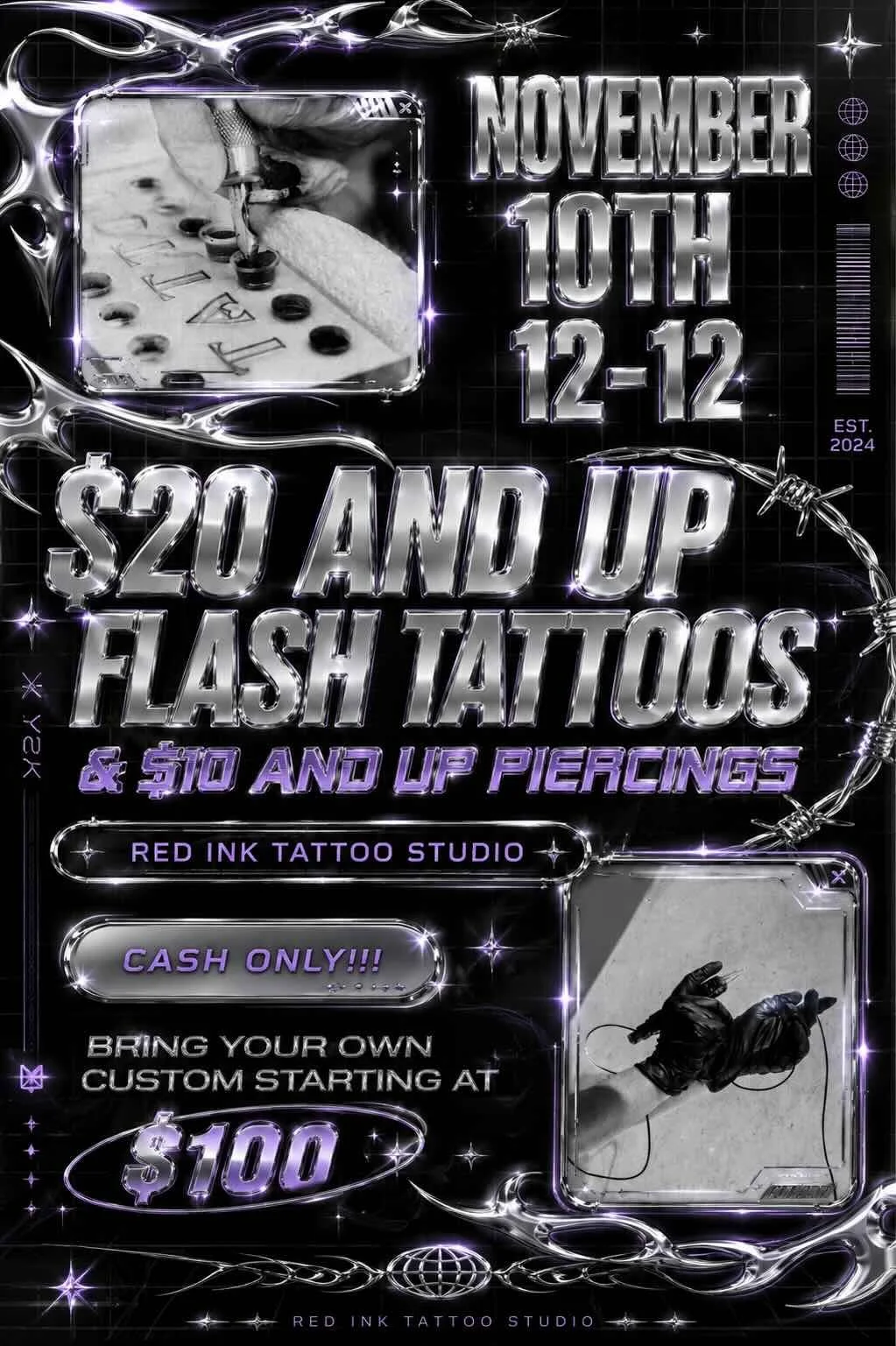 Event poster for Red Ink Tattoo Studio, promoting flash tattoos, piercings, and tattoo prices. Date: November 10th and 12th. Cost: $20 flash tattoos and $10 piercings, cash only, with a custom starting at $100.