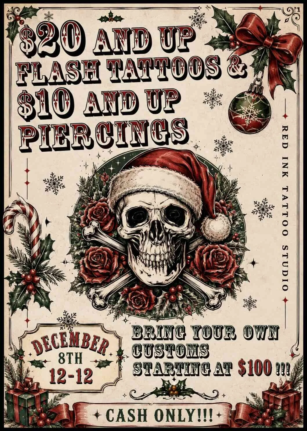 A Christmas-themed tattoo studio advertisement featuring a skull wearing a Santa hat, surrounded by holly, roses, snowflakes, and Christmas ornaments, with festive red and green decorations and text promoting tattoo services.