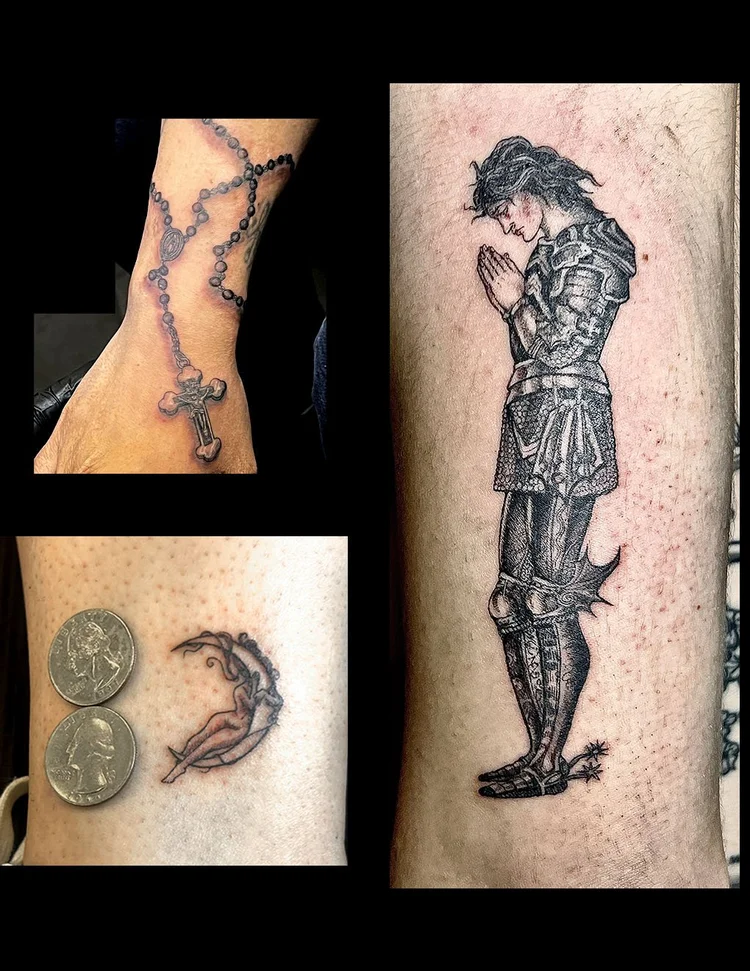 Fine line tattoos by Sergio including a rosary, a fairy figure and a praying woman in armor