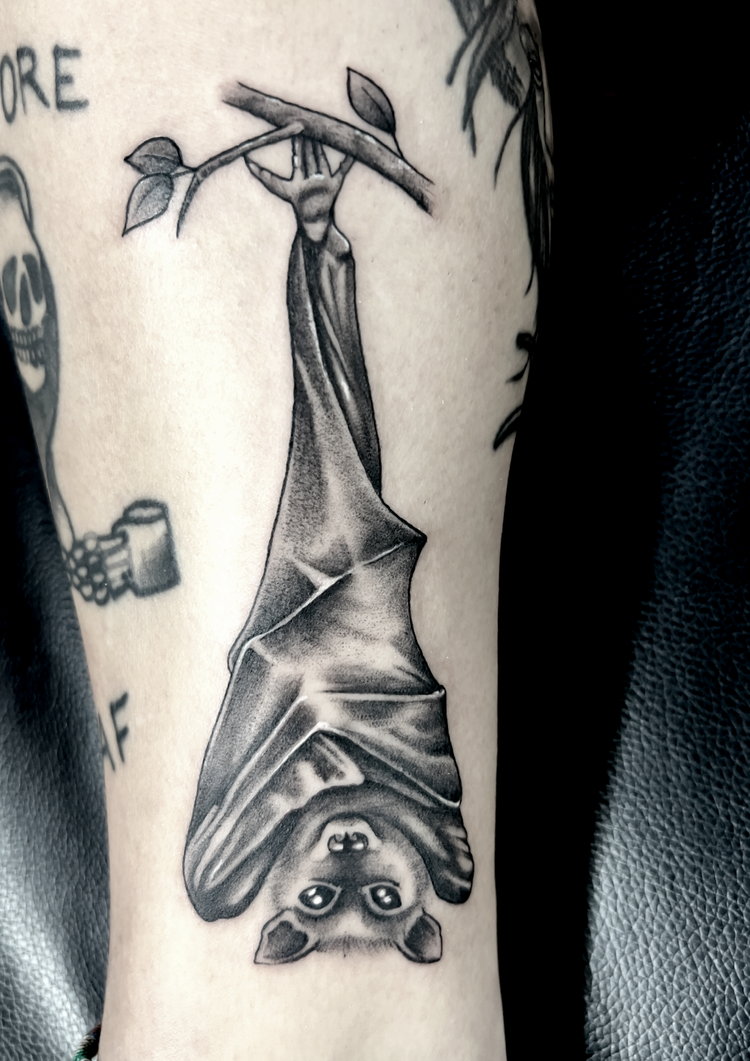 Black and grey upside-down bat with a human face tattoo by Alex