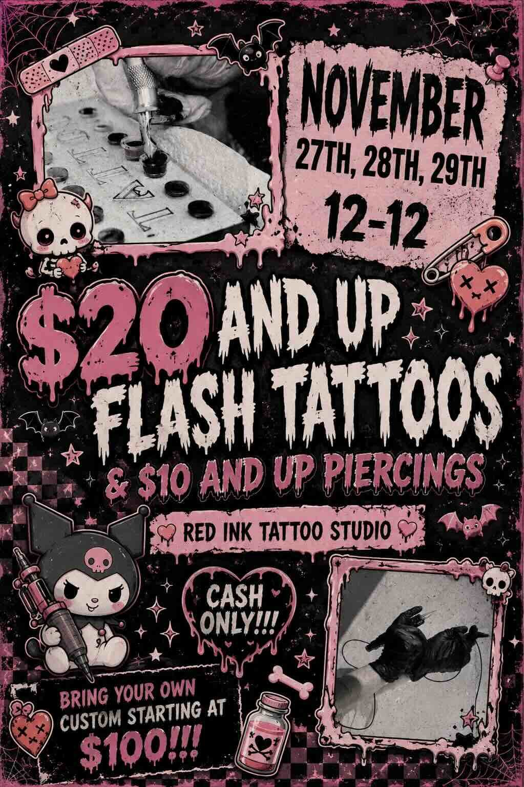 Promotional poster for a flash tattoo event at Red Ink Tattoo Studio featuring spooky cartoon characters, bats, stars, and skull illustrations, with event details and pricing.