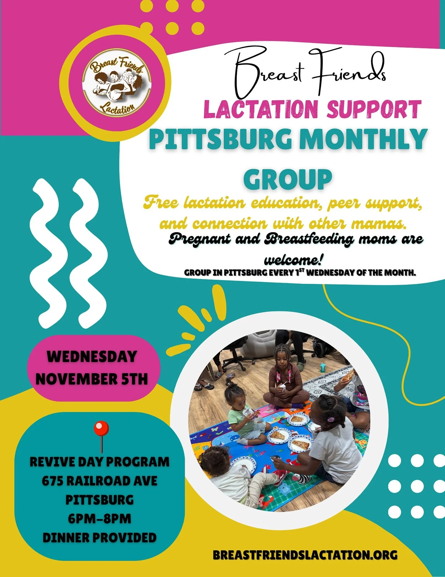 Join us for our Pittsburg Monthly Breast Friends Lactation Support Group!** 💕
Connect with other mamas, share experiences, and get free lactation education and peer support. 🤱🏽

📅 **Wednesday, November 5th**
🕕 **6 PM &ndash; 8 PM**
📍 **Revive D