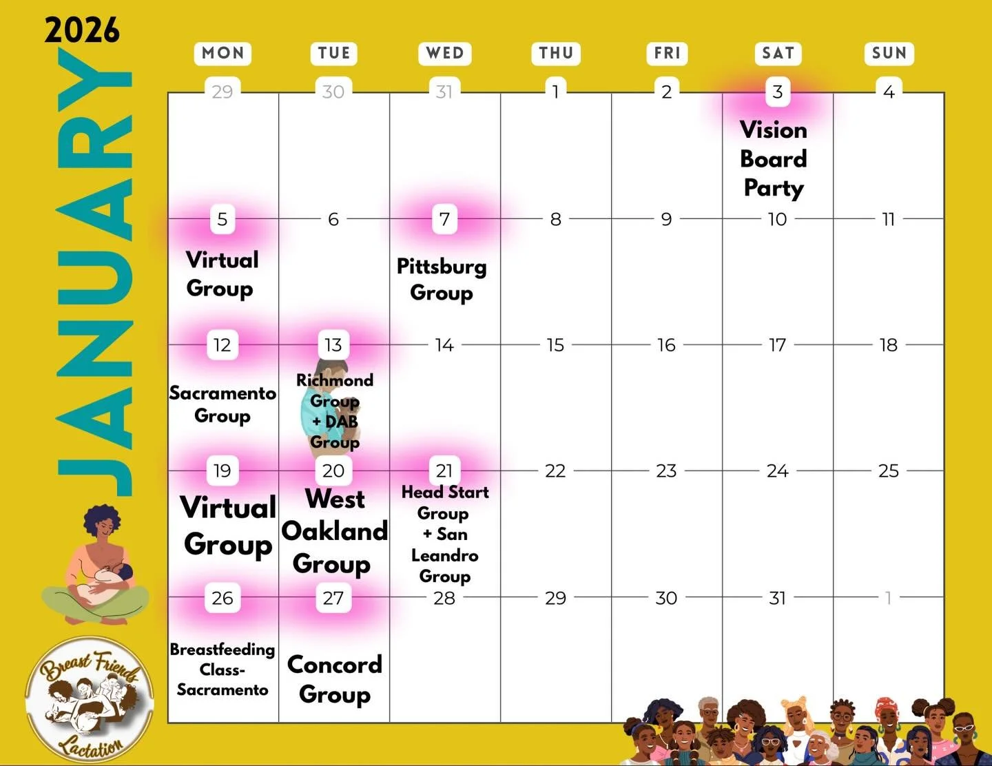 January is full of connection, support, and community 💛
Join us for virtual groups, in-person meetups, a vision board party, and a breastfeeding class this month.
All groups are supportive, welcoming, and community-centered 🤍 What new locations do 