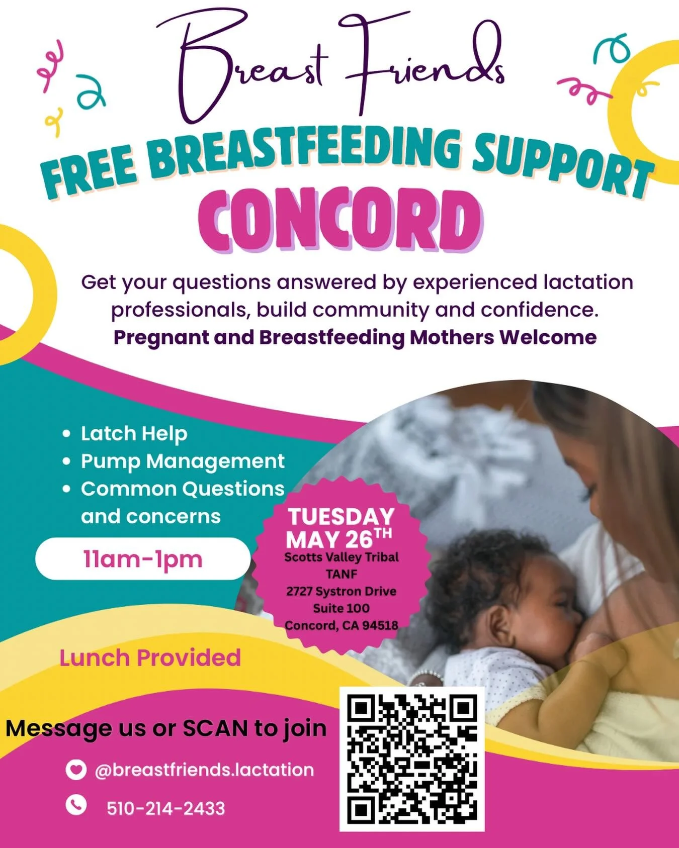 Join us Tuesday, May 26th in Concord for our FREE Breastfeeding Support Group 💕🤱🏾

Come build community, get support from experienced lactation professionals, enjoy lunch, and connect with other moms in a safe welcoming space. Pregnant and breastf